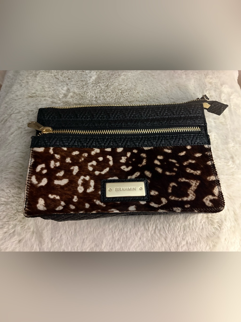 Brahmin Brown & Black Leopard-Print clutch w/ wrist strap, plastic on hardware.